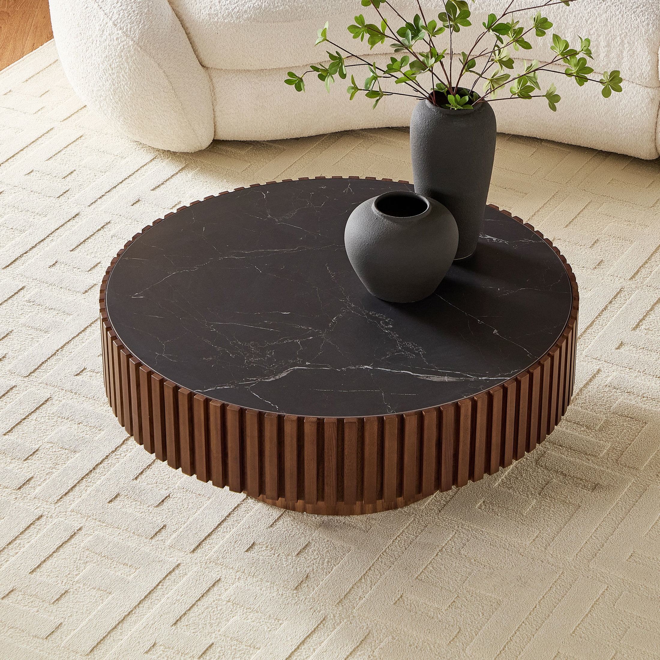 Noble House 35.43" Round Sintered Stone Coffee Table, Fluted Drum Pedestal, Modern Design for Apartment, Walnut