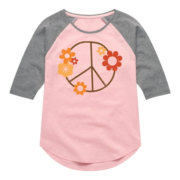 Instant Message - Hand Drawn Peace Sign Flowers - Toddler & Youth Girls Raglan Graphic T-Shirt