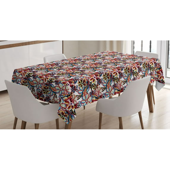 Colorful Tablecloth, Cartoon Style Nature Depiction with Abstract Flowers and Leaves Drawing, Rectangle Satin Table Cover Accent for Dining Room and Kitchen, 60" X 84", Multicolor, by Ambesonne