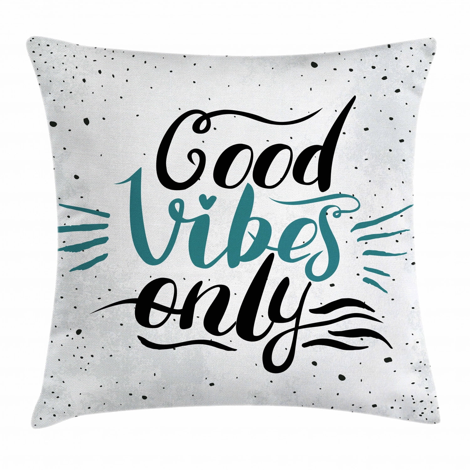 Good Vibes Throw Pillow Cushion Cover, Stylized Hand Letters Calligraphy Dots Wavy Lines and Little Heart Modern, Decorative Square Accent Pillow Case, 20 X 20 Inches, Teal Black Beige, by Ambesonne