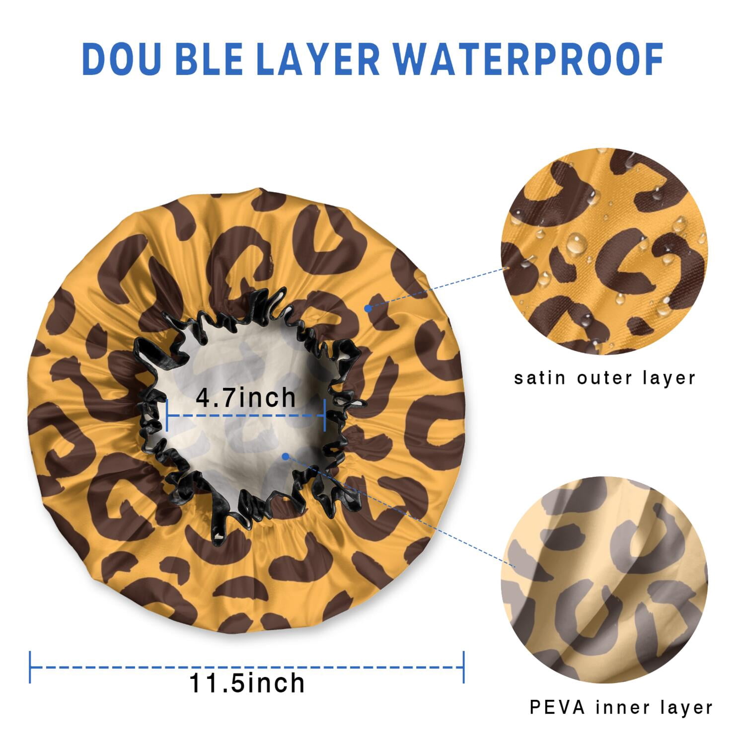 Shower Caps,Yellow and Black Of Leopard Print Waterproof Shower Cap for Women 4 Pieces,Double Reusable Hair Cover for Shower PEVA Elastic Stretch Hem