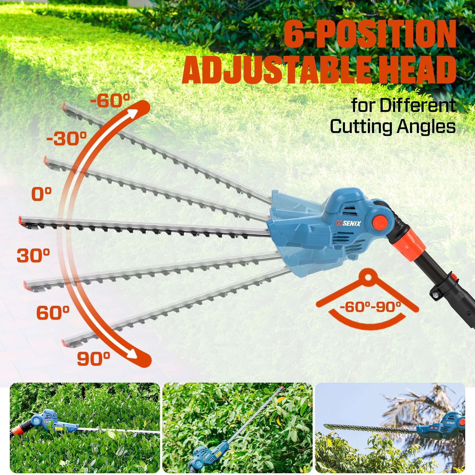 SENIX 20 Volt Max* Cordless Pole Hedge Trimmer 21-inch Blade Length with Adjustable Head & Telescoping Shaft, Battery & Charger included, HTPX2-M