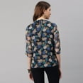 thumbnail image 6 of Janasya Indian Round Neck 3/4 Sleeve Floral Print Navy Blue Poly Georgette Top For Women, 6 of 7