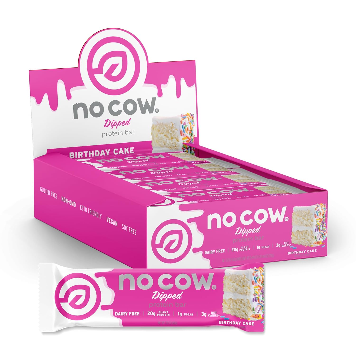 Pack of 12, No Cow Bar Dipped Birthday Cake Protein Bars, 2.12 oz