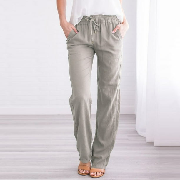 ICHUANYI Clearance Women Casual Cotton And Linen Drawstring Elastic Waist Long Straight Pants(Gray, S) ICHUANYI WER2023080703337