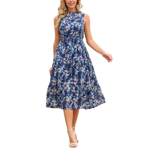 INSPIRE CHIC Women's Summer Dresses Floral Chiffon Sundress Sleeveless Mock Neck Tiered Wedding Party Midi Dress S Navy Blue
