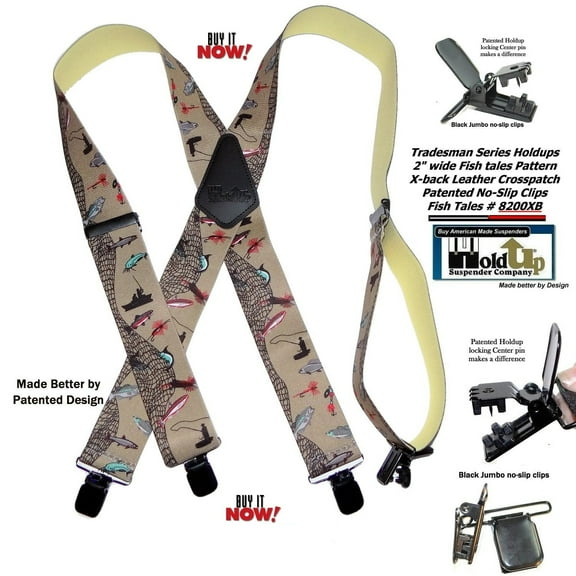 Holdup Brand Ourdoorsman Series X-back suspenders in the Fish tales pattern and jumbo USA patented no-slip center pin clips