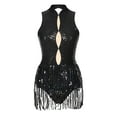 thumbnail image 3 of Doomiva Women's Shiny Sequins Tassel Latin Jazz Dance Leotard Bodysuit Sleeveless Backless Dance Dress Black L, 3 of 7