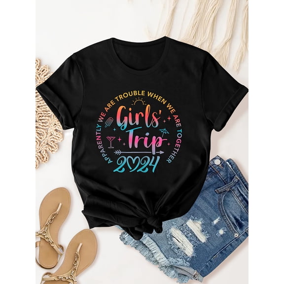 Women’s 2024 Lettering Trip Graphic Comfortable Short Sleeve Crew Neck Workout T-Shirt, Breathable Casual Activewear H-Line Fit for Gym Training Daily Attire All-Season