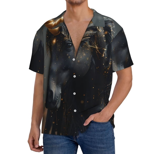 Fotbe Black And Gold White Horse Camisa Estampada de Manga Corta para Hombre, Casual de Verano, Estilo Playero, Sin Arrugas-Large