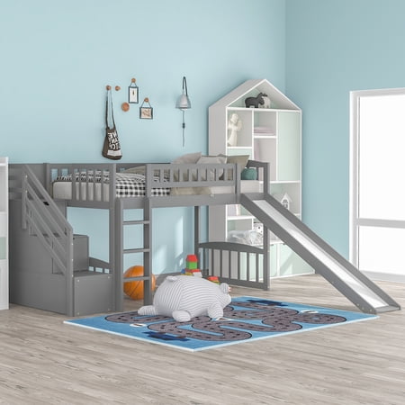 Dcenta Stairway Twin Size Loft Bed with Two Drawers and Slide  Weight Capacity:175 lbs  Gray