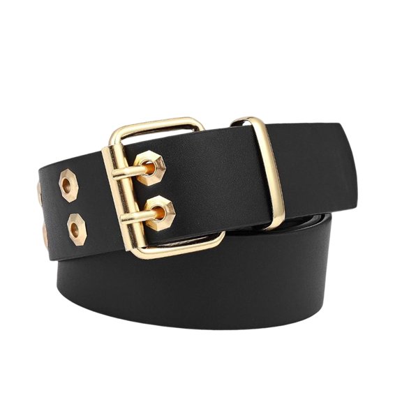 Double Grommet PU Leather Belt for Women/Men Punk Metal Jean Belt, Wide 1.5 Inch Black