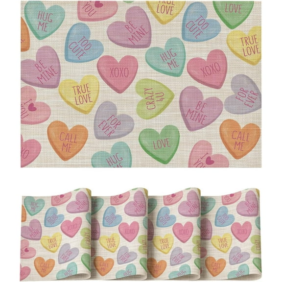 Colorful Hearts Vinyl Valentine's Day Placemats Set of 4, 12x18 Inch Wipeable Non-Slip PVC Place Mats for Party Kitchen Dining Decor