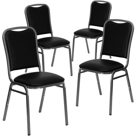 Flash Furniture 4pk HERCULES Series Stacking Banquet Chair with Black Vinyl and 1.5'' Thick Seat, Silver Vein Frame