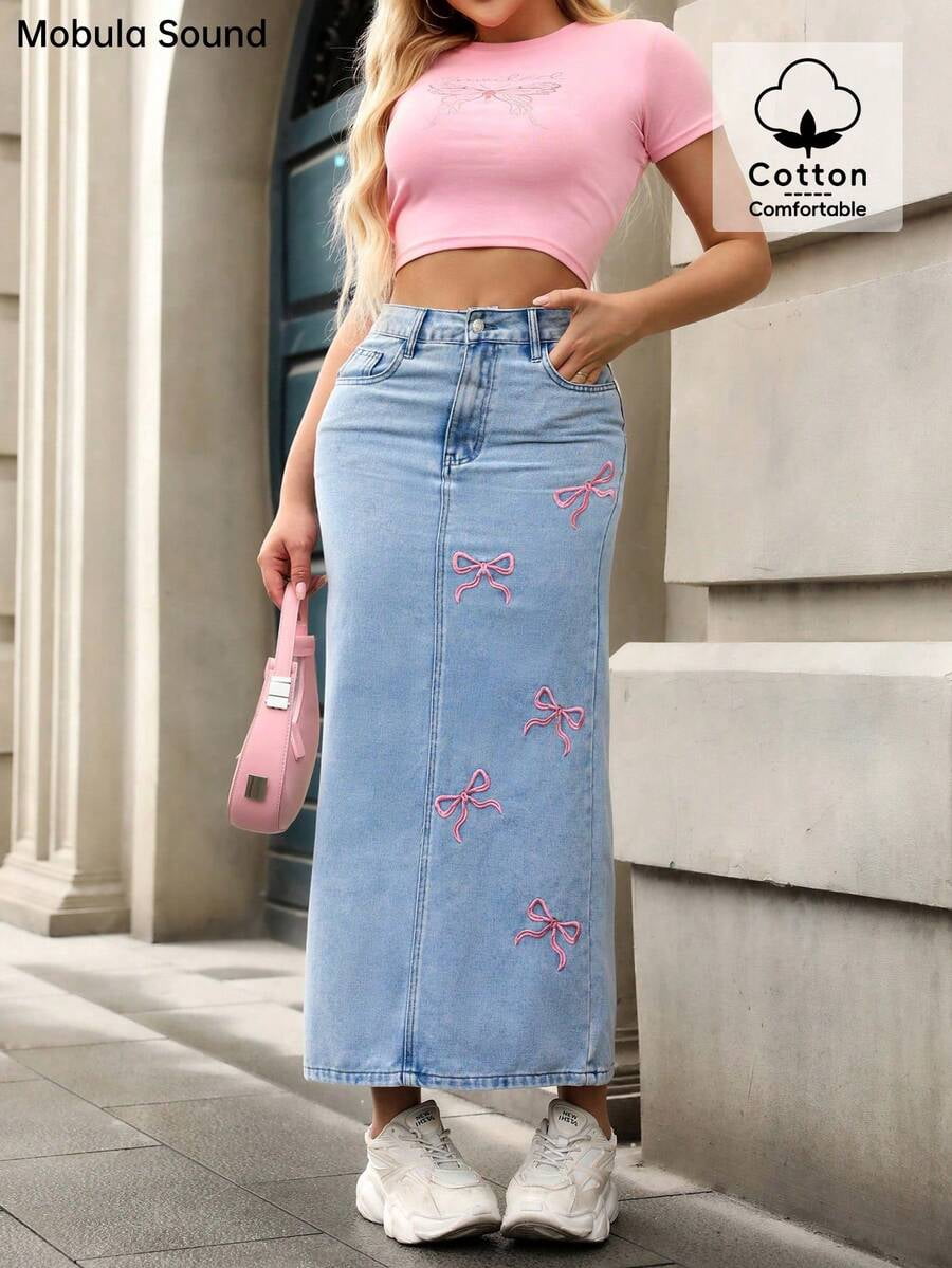 Blue Bow Embroidered Denim Midi Skirt Straight Fit Casual