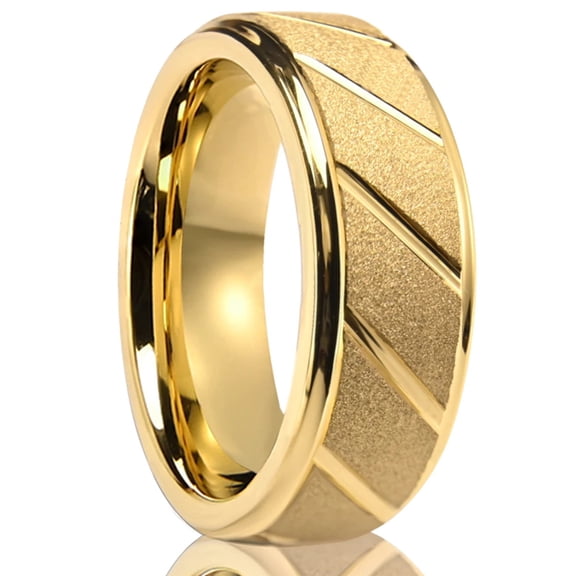 7mm Wide Tungsten Carbide Ring with Beveled Sandblasted Gold Finish Couple's Ring