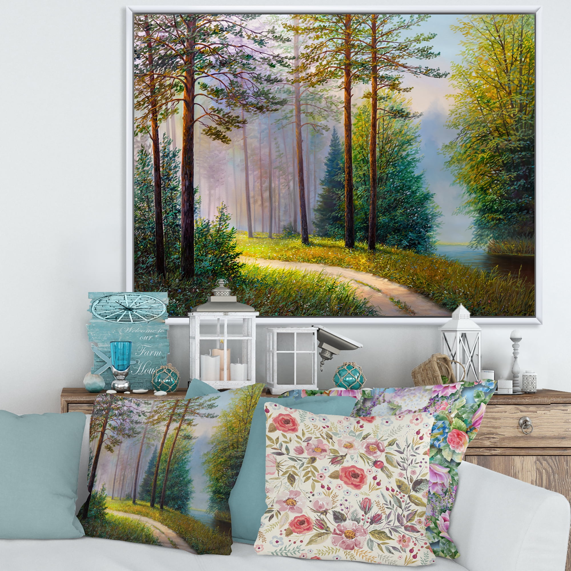 Designart 'Subtle Sunset Light Through The Trees II' Lake House Framed Canvas Wall Art Print
