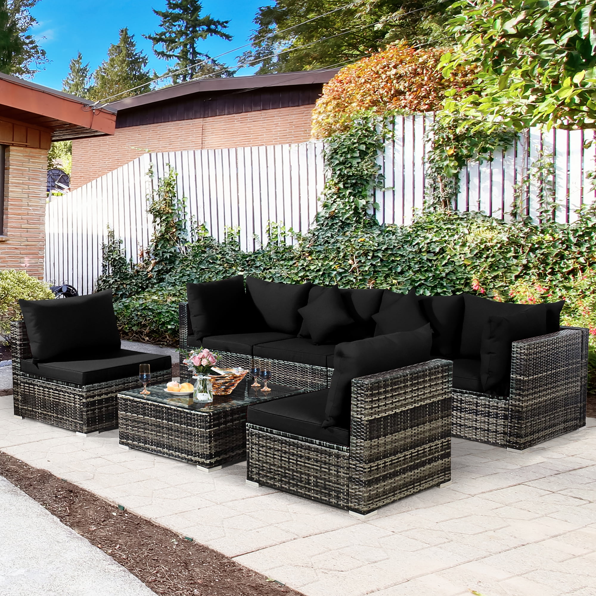 Costway 7PCS Patio Rattan Furniture Set Sectional Sofa Garden Black Cushion Walmart