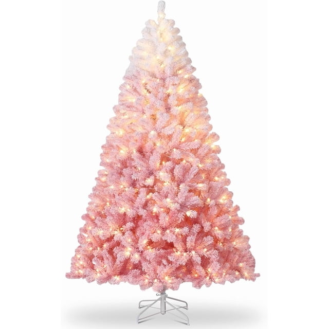 Artificial Christmas Tree, Prelit Flocked Christmas Tree with Lights for Home, Office, Party Decoration , Hand Gloves,Foldable Base and Kraft Paper Included, Pink Gardiant