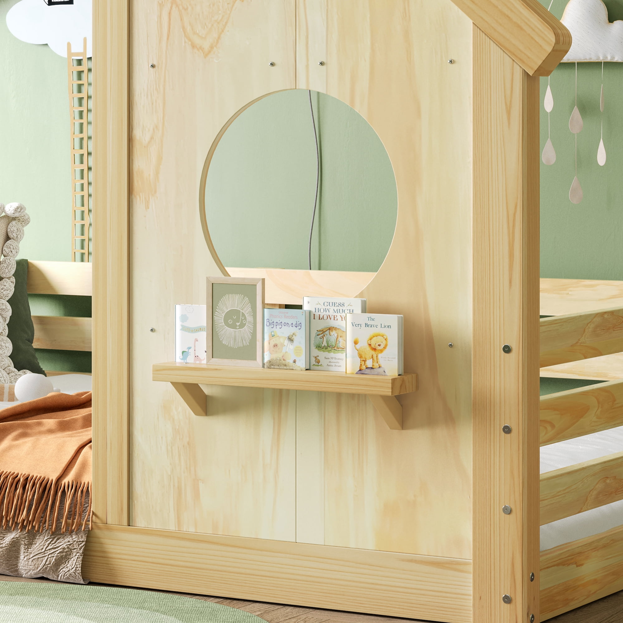 Miniyam Twin Floor Bed for Kids with Guardrails and Roof, Montessori House Bed Frame, Natural
