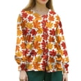 thumbnail image 4 of LNZGNM Scrub Jackets for Women Long Sleeve Leaf Print Scrub Cardigan Snap Front Lightweight Nurse Uniform with Pocket,Vermilion(M), 4 of 5