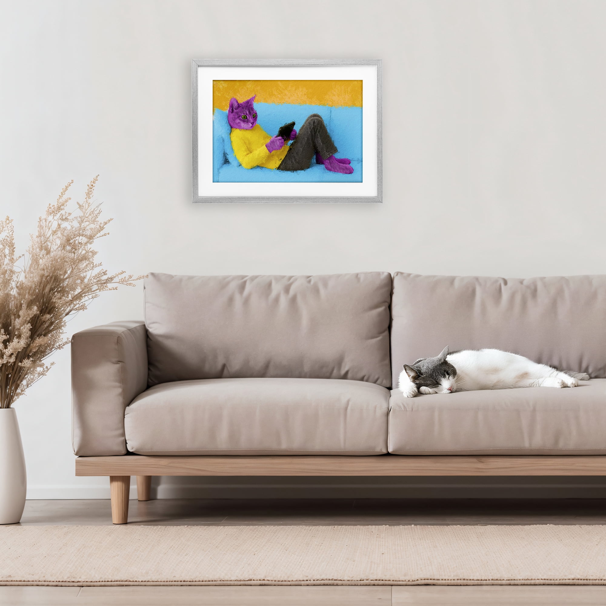 Stupell Industries Vibrant Cat Playing Game Gray Framed Print Under Glass, design by Sean Parnell