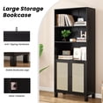 thumbnail image 3 of Tall Bookcase With Rattan Doors, Natural Wood Finish, 5 Tier Storage Solution For Library And Home Office Decor,Black, 3 of 7