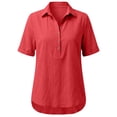 thumbnail image 5 of Duoif Women Lapel Collar Cotton Linen Top Short Sleeve High Low Hem Casual Blouse Summer 2026 Lightweight Breathable Loose Fit Daily Wear Vacation, Watermelon red, XL, 5 of 8