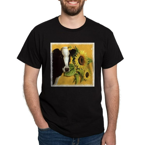 CafePress - Cow With Sunflowers Black T Shirt - Men's Classic Graphic Cotton T-Shirt
