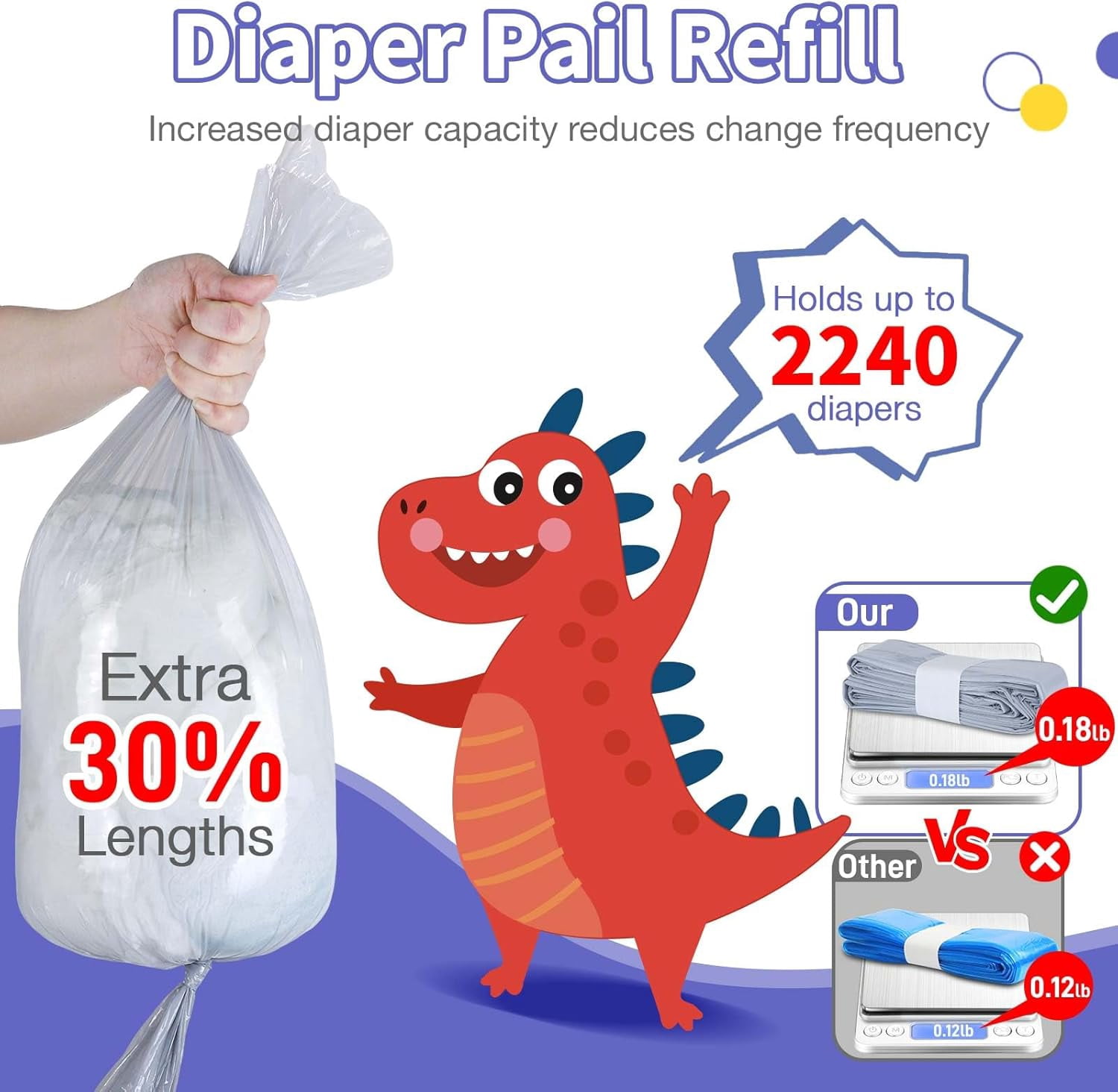 Diaper Pail Refill Bags 8 Pack Upgraded Odor Control Diaper Disposal Bag Compatible with All Diaper Trash Can, Compact Pail, Pails Diaper Pail Refills