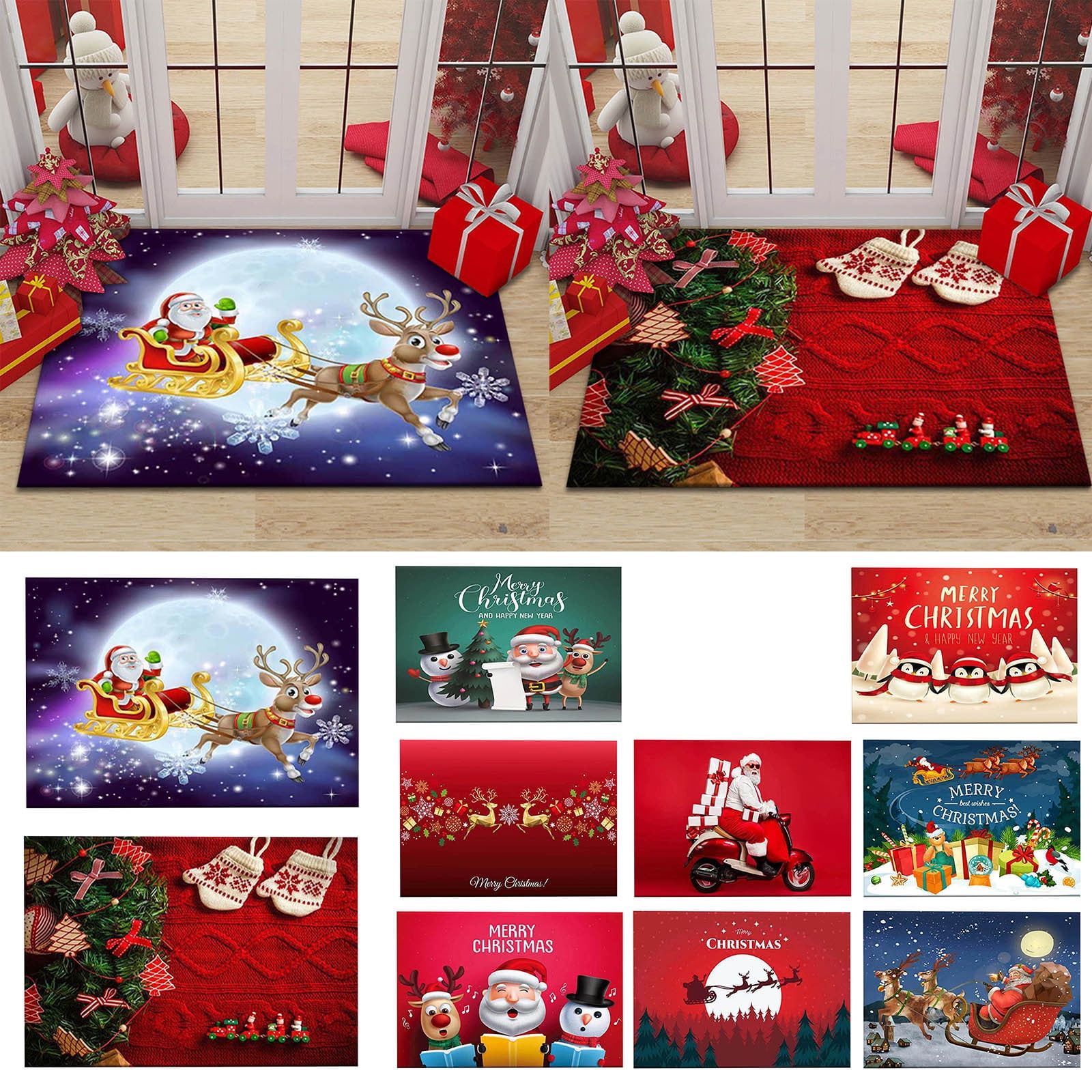 Christmas Kitchen Mat Runner Rug Set Doormat Merry Christmas Santa