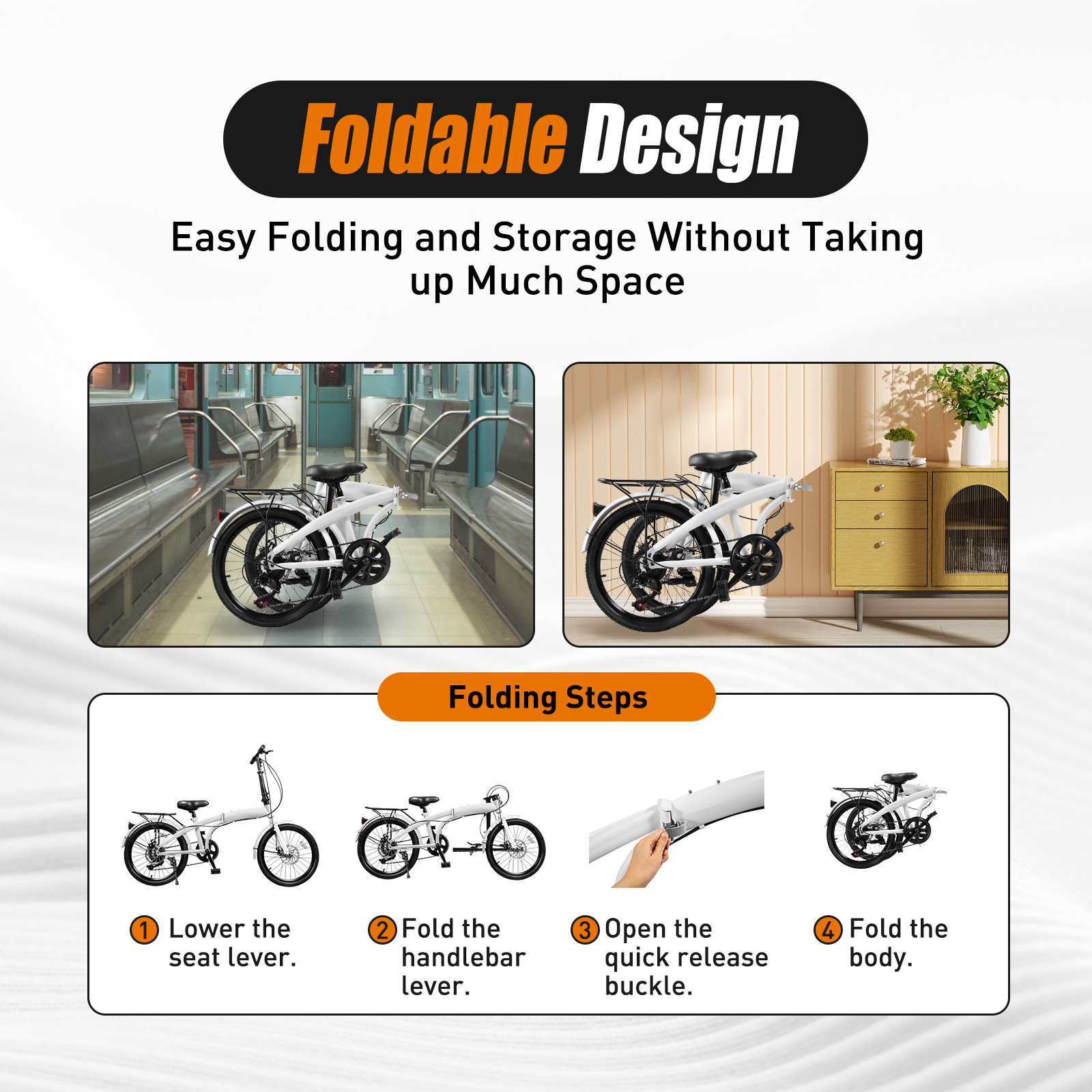 20-inch Wheels 7 Speed Folding Bike Compact High Carbon Steel Urban Commuter Bicycle for Unisex Adult White Streamline