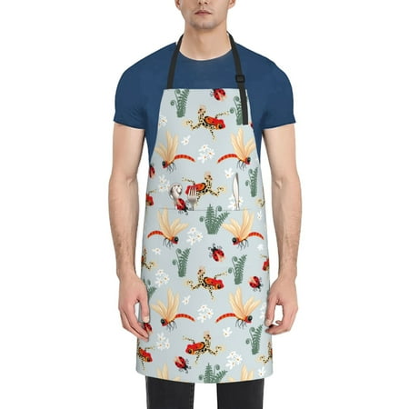 

Xecao Ragonfly And Ladybug Print Kitchen Cooking Aprons Waterproof Adjustable Bib Aprons with 2 Pockets for Women Men Chef