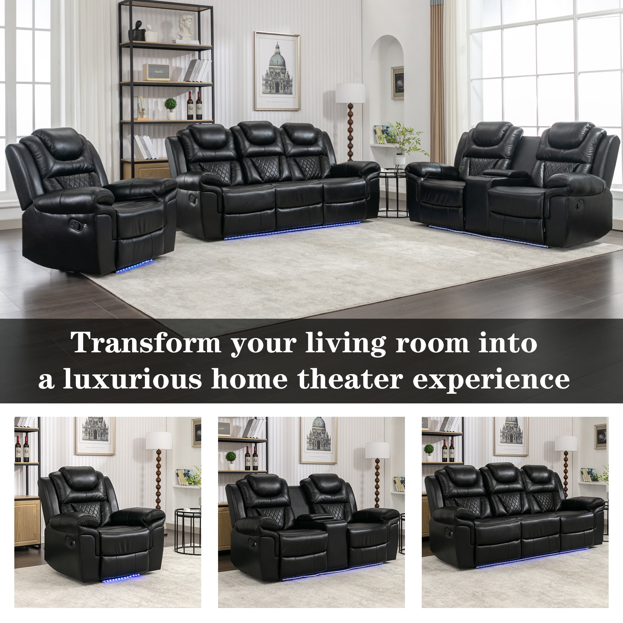 Euroco Home Theater Seating Manual Recliner Chair with LED Light Strip for Living Room,Bedroom, Black
