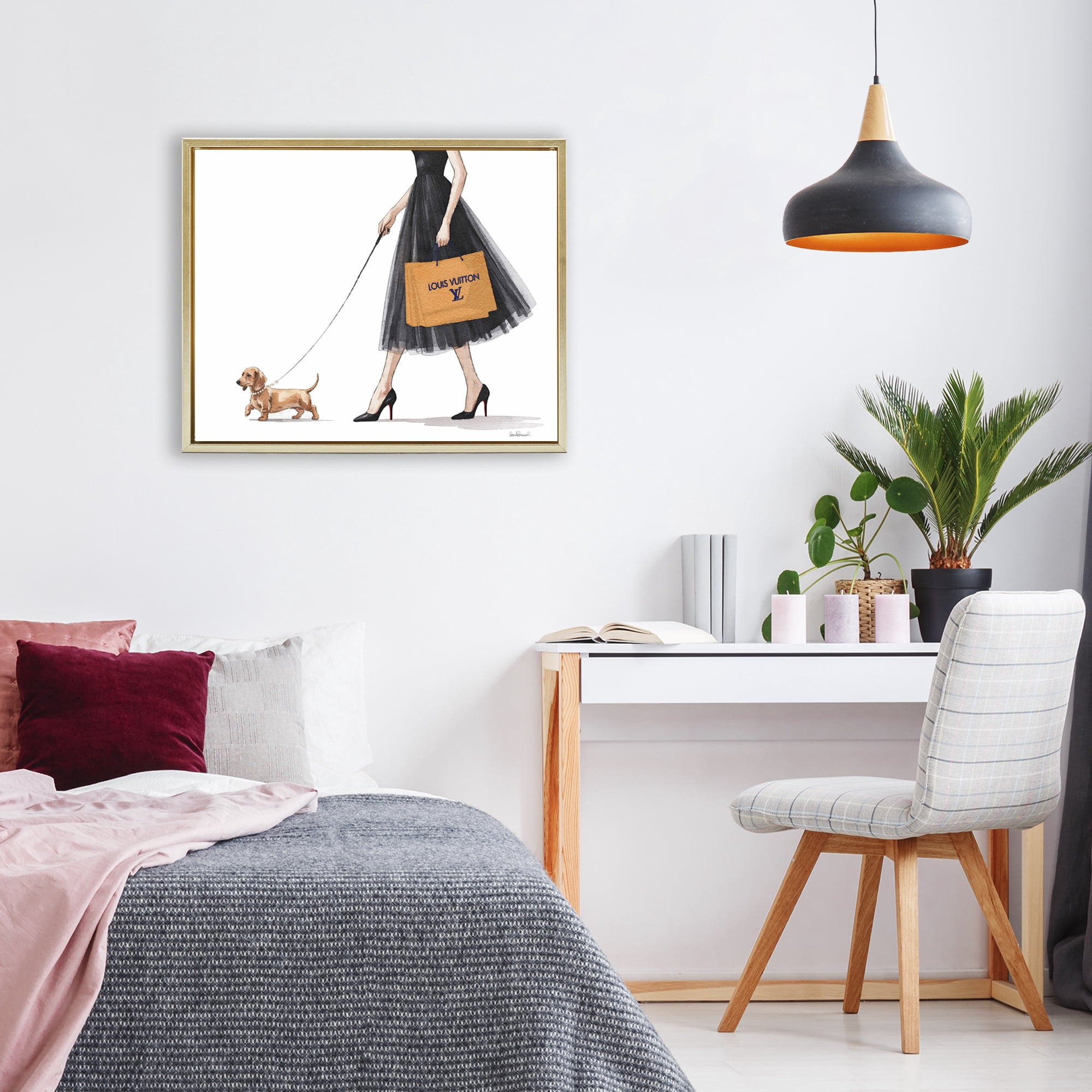Stupell Industries Fashionable Dog Walking Gold Framed Floater Canvas Wall Art, design by Amanda Greenwood