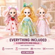 3PCS 6 inch Mini Princess Dolls Set Cute Dress Up Girl Dolls Gift Toy for 3+ Year Old Girls