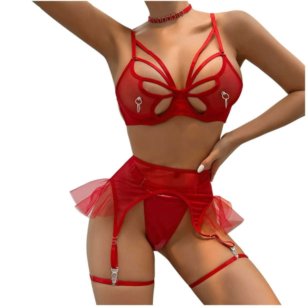 Summer Savings Clearance 2023! WJSXC Women's Women's Hollow Out Funny  Underwear With Chest Ring Mesh Perspective Leather Four Piece Funny Set Red  S
