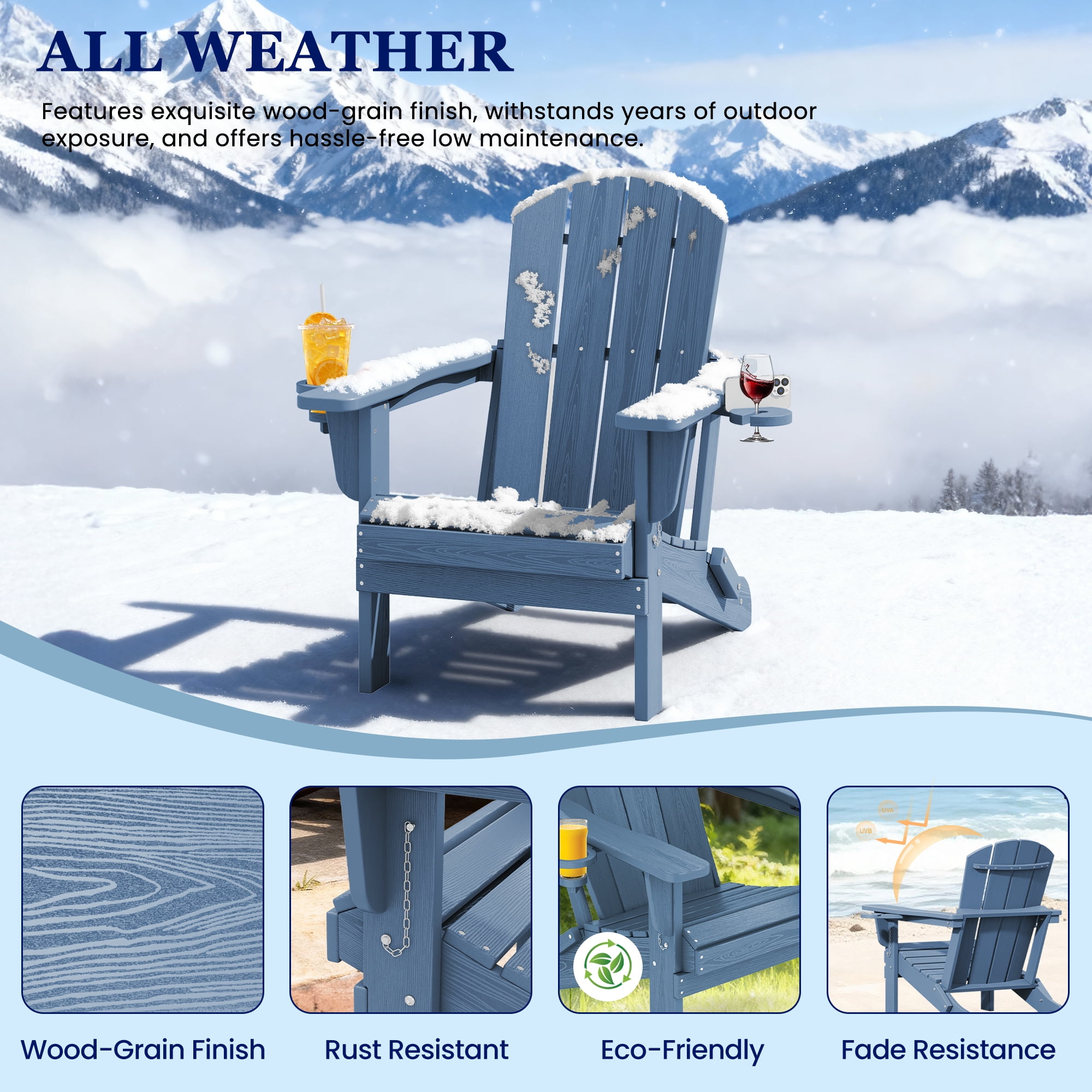 SERWALL Folding Adirondack Chair Set with Dual Cup Holders & Phone Holder, All-Weather HDPE Fire Pit Chairs for Outdoor, Patio, Poolside, Garden - Blue