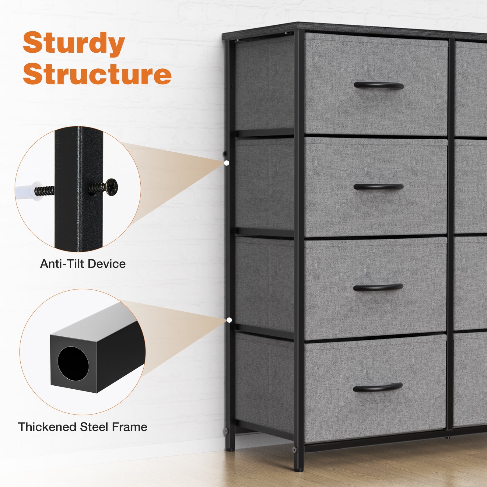 Aukfa 8 Drawer Dresser,Tall Fabric Dresser & Chest of Drawers for Bedroom,Metal Frame,Gray