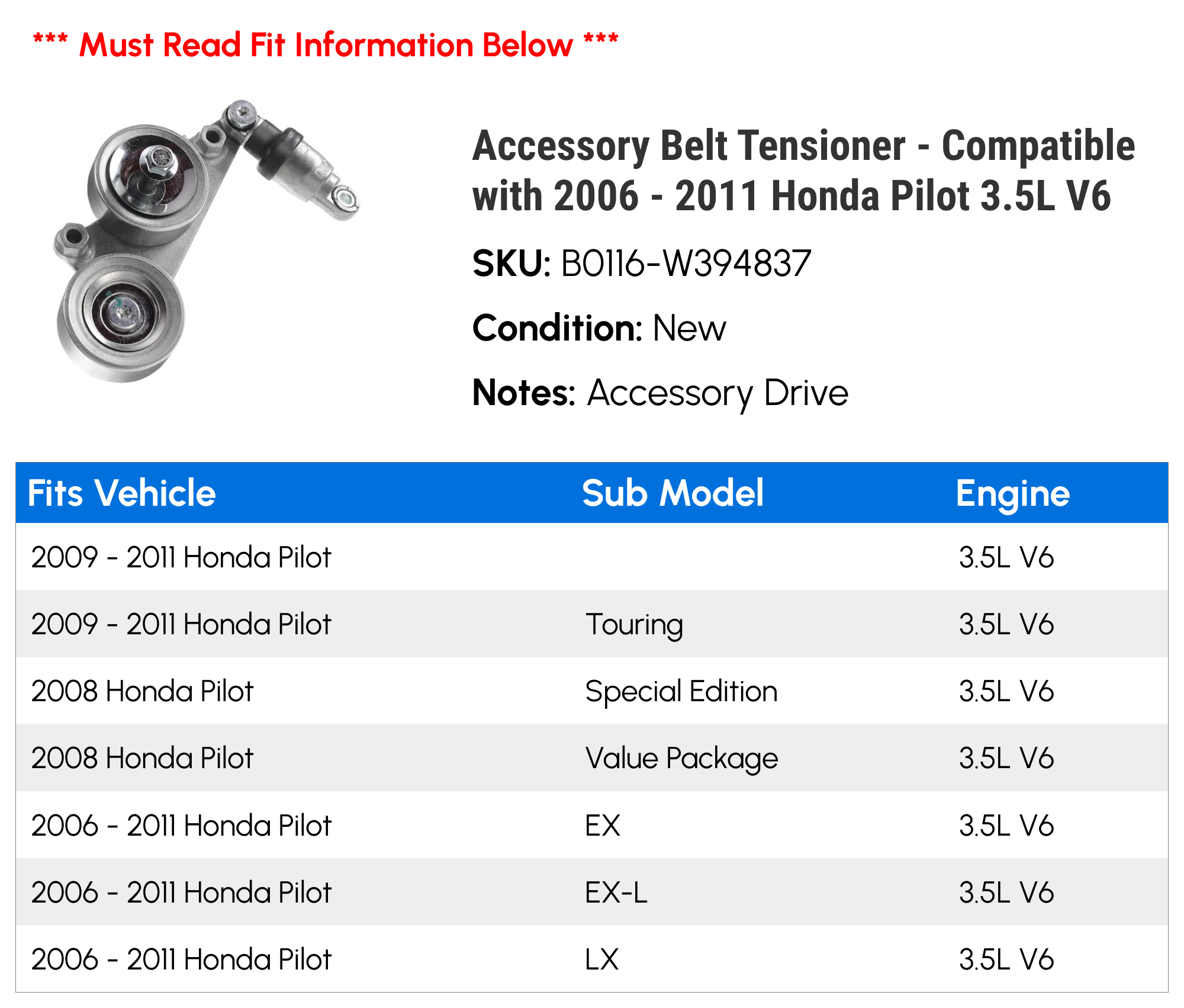 Accessory Belt Tensioner - Compatible with 2006 - 2011 Honda Pilot 3.5L V6 - Autopart Premium