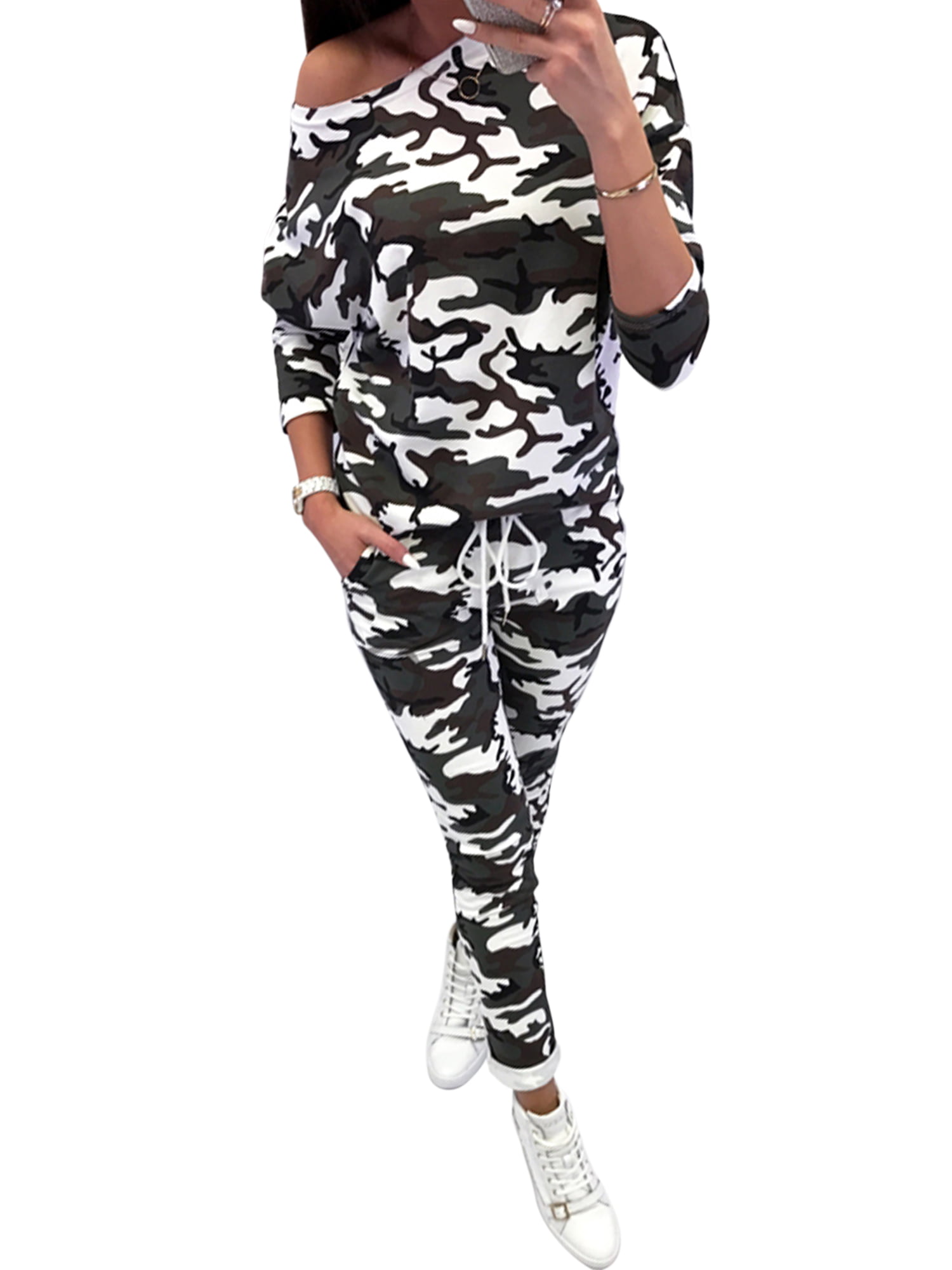 Womens Tracksuit Ladies Top & Bottoms Set Camoflage Plus Size Onezee Suit Pjs 