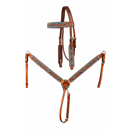 Horse Western Floral Browband Bridle & Breast Collar Set Turquoise 78FK04B