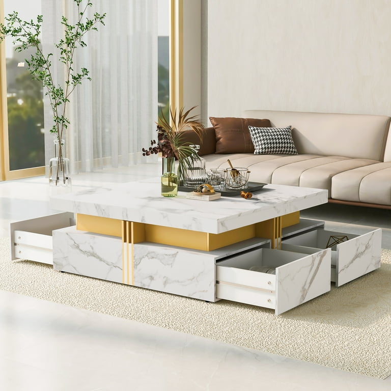 Churanty Square Coffee Table with 4 Storage Drawers Modern Gold