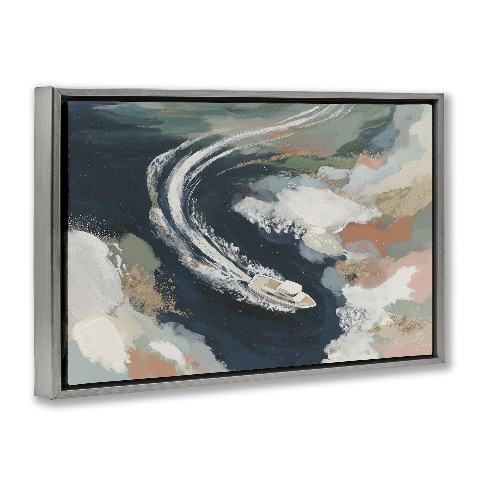 Stupell Industries Boat Wake From Above Gray Framed Floater Canvas Wall Art, design by Chromatic Storm Studio
