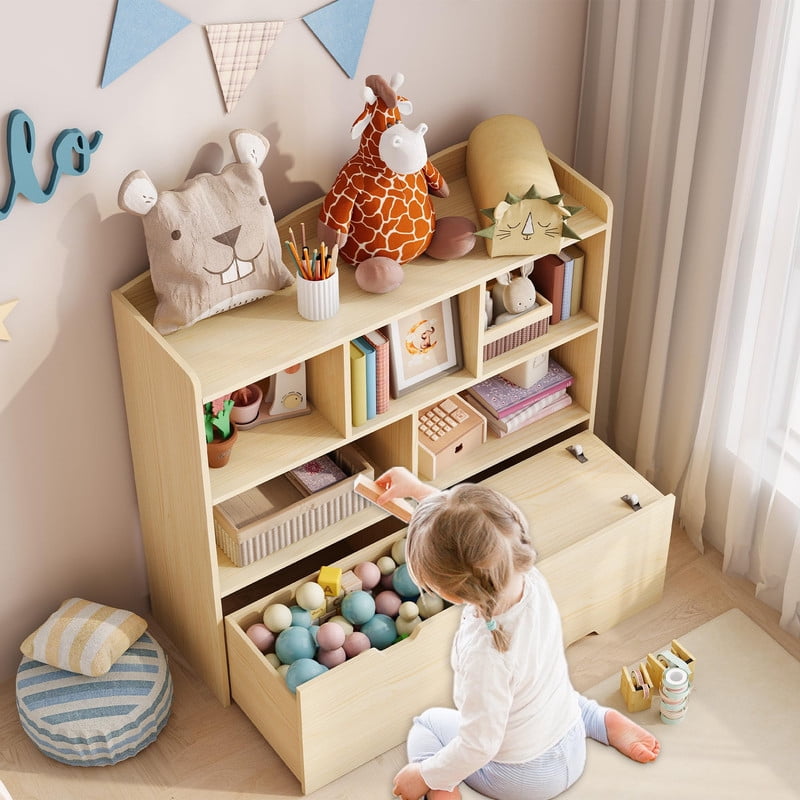 TROPOW Toy Storage Organizer with Movable Drawers, Kids Bookshelf with Hidden Wheels & Open Cubbies, Multifunctional Floor Storage Chest for Playroom