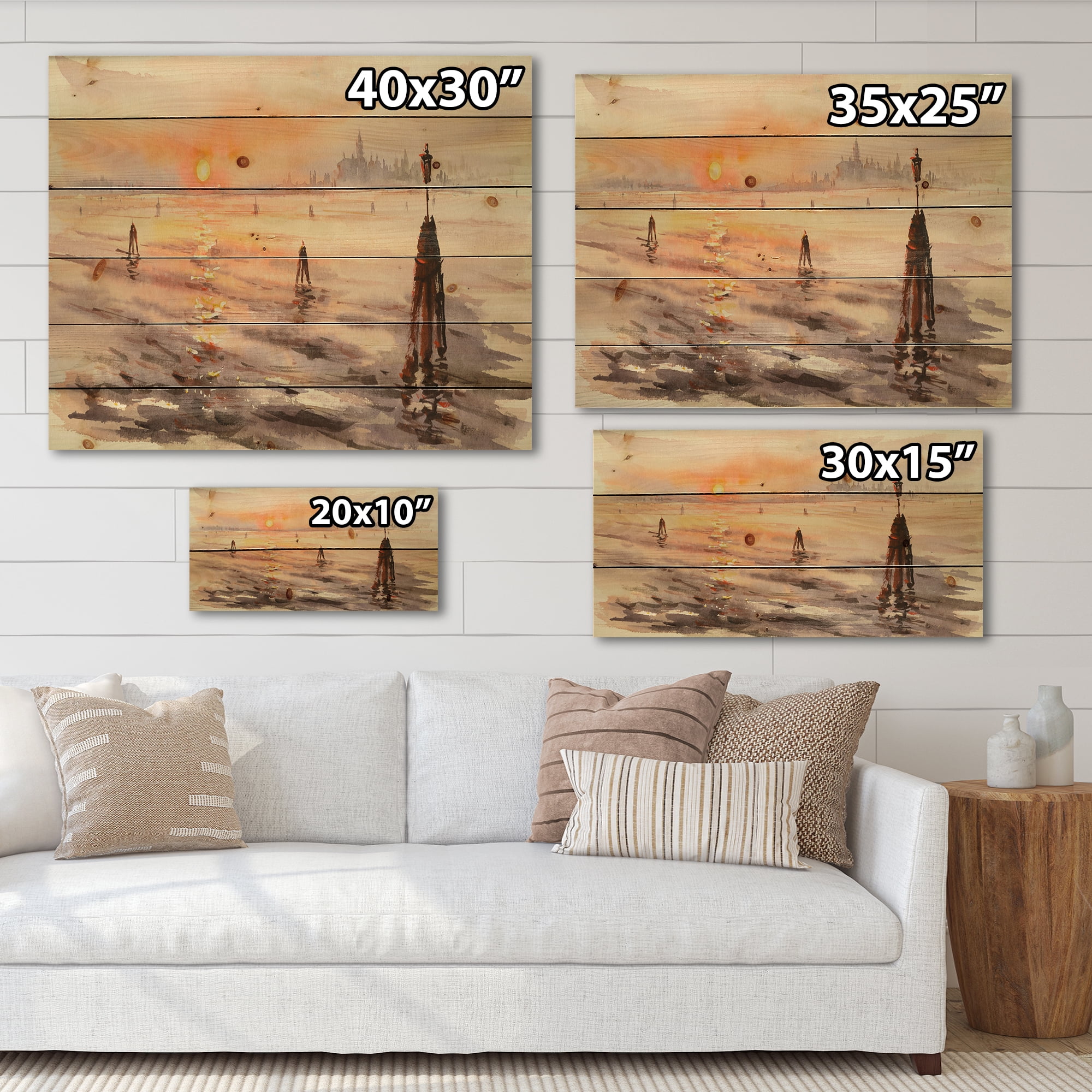 Designart 'Panorama of Venice Laguna Beach At Sunset' Nautical & Coastal Print on Natural Pine Wood