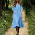 thumbnail image 2 of Asxite Summer Dresses for Women Casual Solid Flowy Round Neck Drawstring Short Sleeve Midi Sundress, 2 of 6