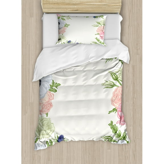 Anemone Flower Duvet Cover Set, Spring Nature Inspired Framework with Pastel Colored Flora, Decorative 2 Piece Bedding Set with 1 Pillow Shams, Twin Size, Pistachio Green Grey, by Ambesonne