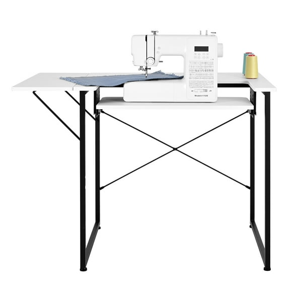 KFFKFF Multipurpose Sewing Table with Foldable Side Shelf, Adjustable Shelf, Sturdy Steel Legs, Ideal for Sewing, Crafting, Studying, and More, White