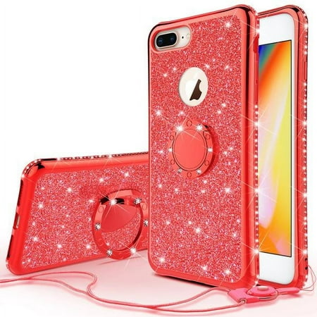 Apple iPhone SE 2020/iPhone 8/ 7 Case,Glitter Cute Phone Case Girls Kickstand,Bling Diamond Rhinestone Bumper Ring Stand Sparkly - Red